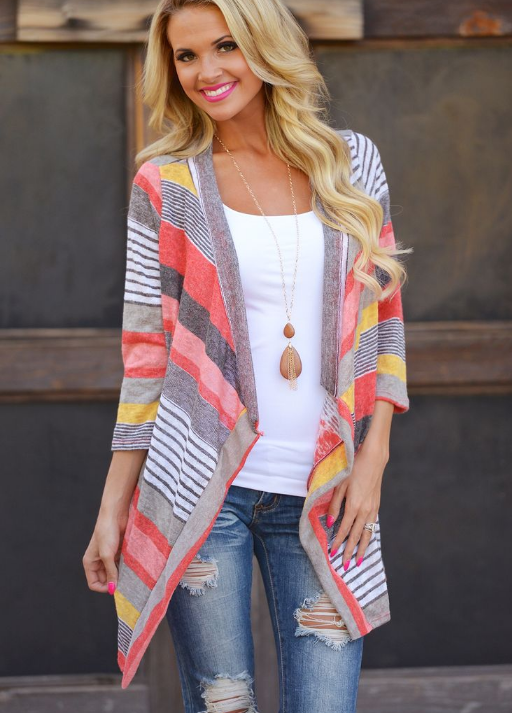 Cárdigan asimétrico a rayas con mangas 3/4 empalmadas - MXbueno