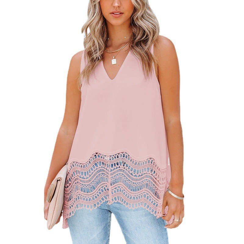 [W-Ropa] Nueva Camiseta De Gasa Sin Mangas Con Cuello En V Y Borde De Encaje De Verano