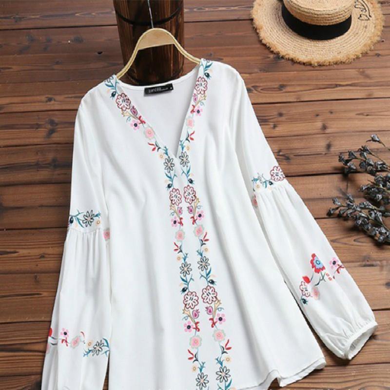 Camisa de estilo nacional con cuello en V, manga larga, top suelto de otoño. - MXbueno