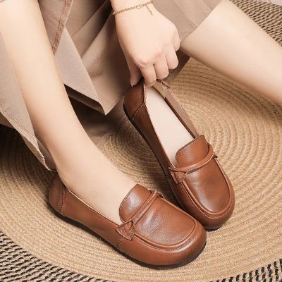 [W-Zapato] Zapatillas De Cuero Con Suela De Goma Para Mujeres