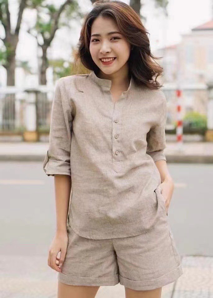 [W-Ropa] Camiseta De Manga Corta Con Cuello Alzado De Lino De Color Liso Para Mujer