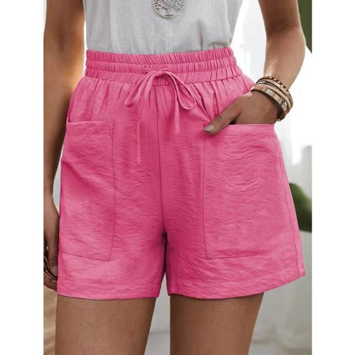 [W-Ropa] Pantalones Cortos Casuales De Algodón Y Lino Sueltos Con Dos Bolsillos De Color Liso Para Mujer