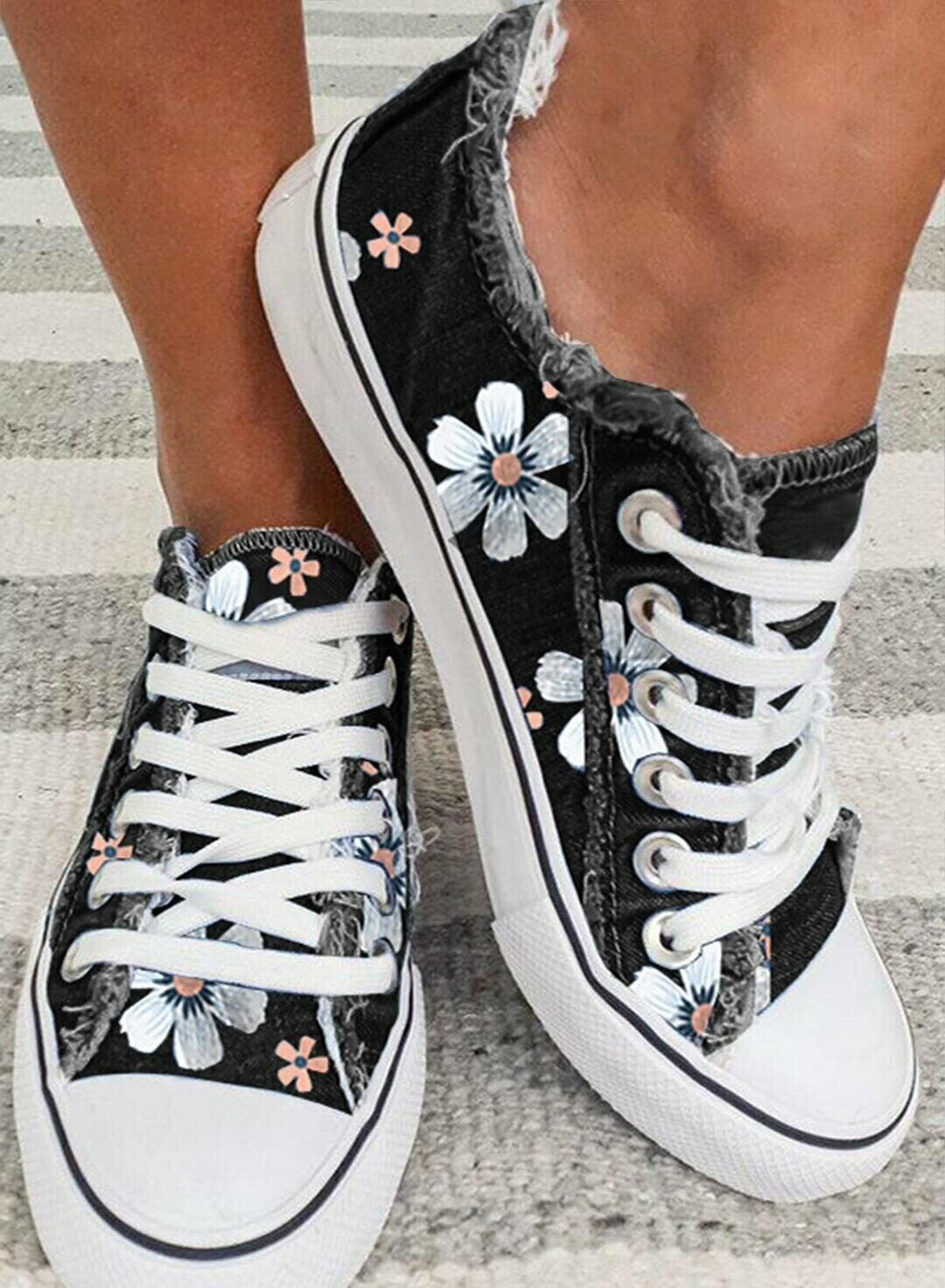 Zapatillas De Lona Con Cordones Florales Para Mujer