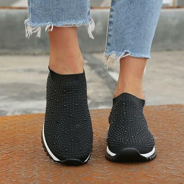 Zapatillas De Mujer Negras Sin Cordones Con Diamantes De Imitación