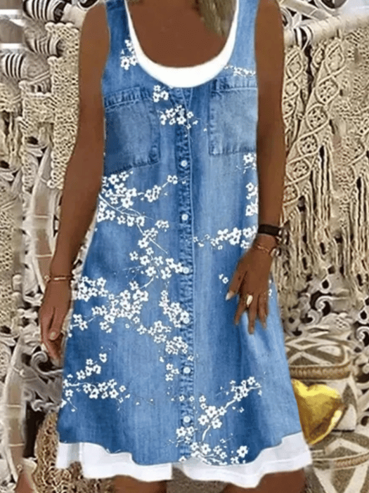 [W-Ropa] Estampado Retro Falso Vestido De Dos Piezas