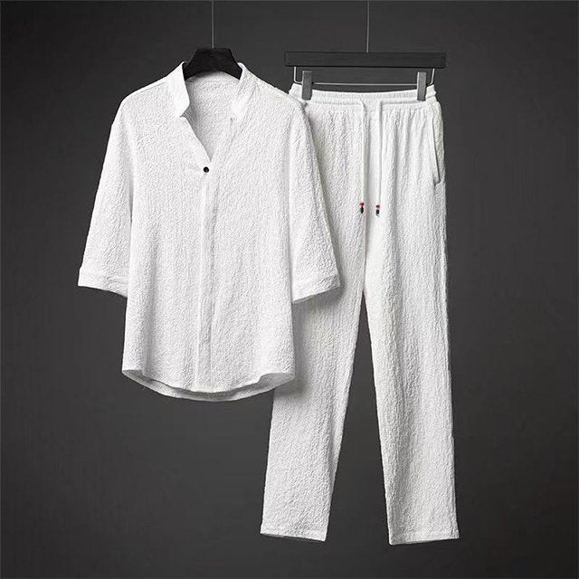 [M-Ropa] Conjunto De Traje Holgado Ligero De Lujo Fino De Algodón Y Lino Transpirable Para Hombre