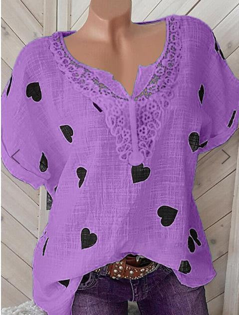 Mujeres Impreso Manga Corta Rhinestone Cuello Tops