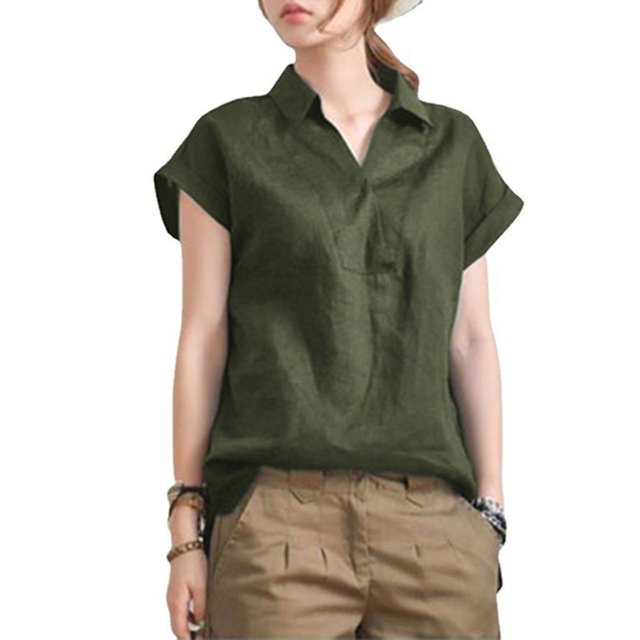 [W-Ropa] Camiseta Elegante Y Holgada De Algodón Y Lino Con Cuello De Pico