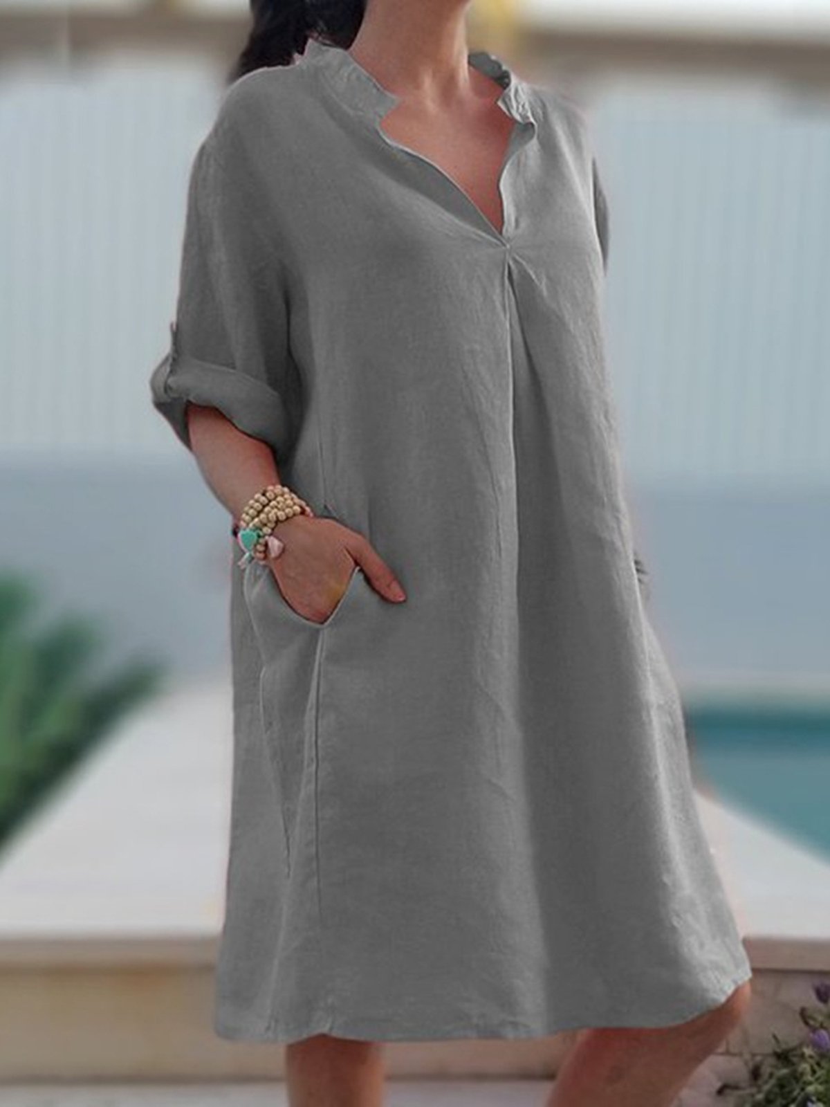 Vestidos de lino sólido con cuello en V de manga 3/4 para mujer