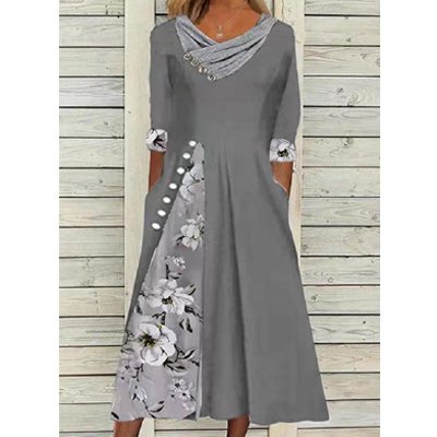 [W-Ropa] Vestido A Media Manga Con Paneles Y Cuello En V Estampado