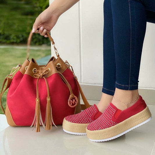 [W-Zapato] Zapatos De Plataforma Sin Cordones Con Diamantes De Imitación Para Mujer