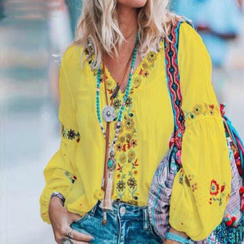 Camisa de estilo nacional con cuello en V, manga larga, top suelto de otoño. - MXbueno