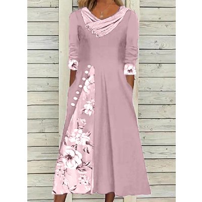 [W-Ropa] Vestido A Media Manga Con Paneles Y Cuello En V Estampado