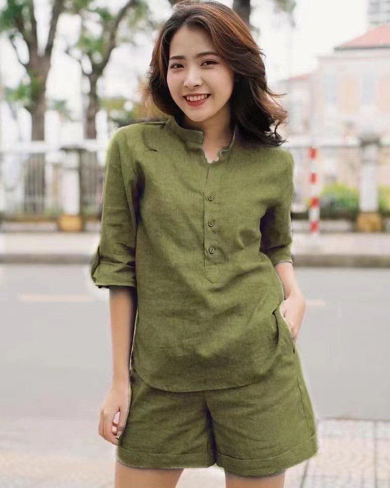 [W-Ropa] Camiseta De Manga Corta Con Cuello Alzado De Lino De Color Liso Para Mujer