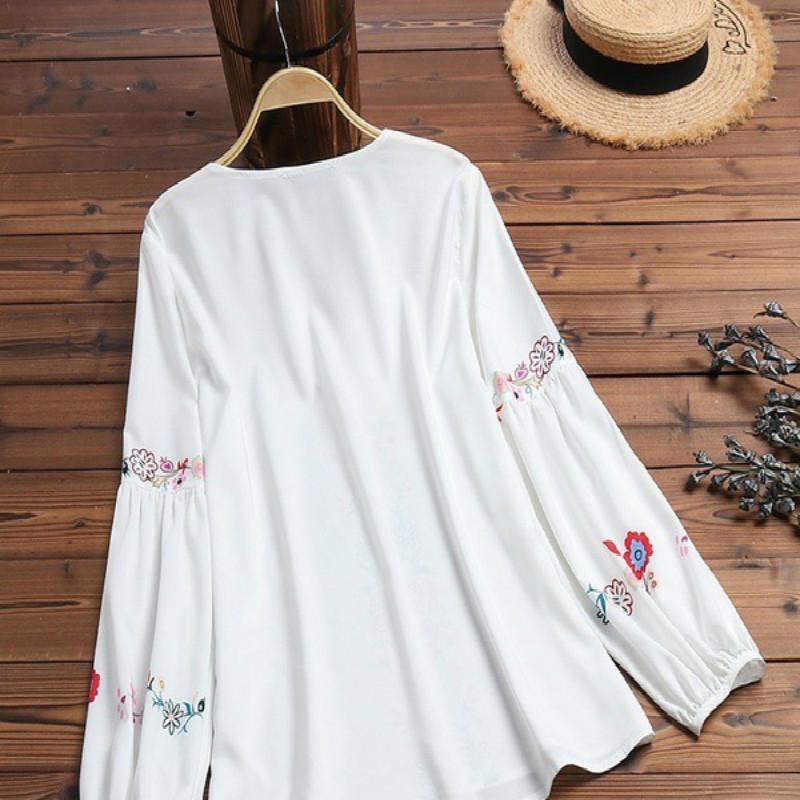 Camisa de estilo nacional con cuello en V, manga larga, top suelto de otoño. - MXbueno