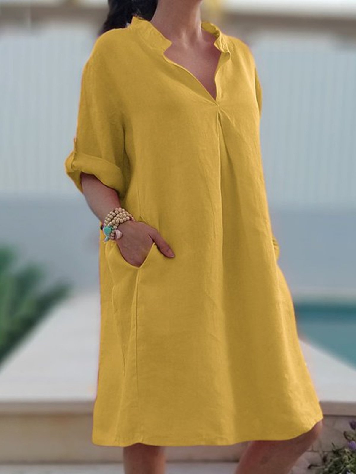 Vestidos de lino sólido con cuello en V de manga 3/4 para mujer