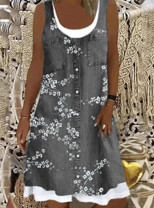 [W-Ropa] Estampado Retro Falso Vestido De Dos Piezas