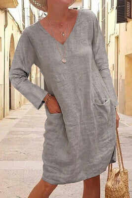 Vestido De Lino De Algodón Con Cuello En V De Moda Para Mujer