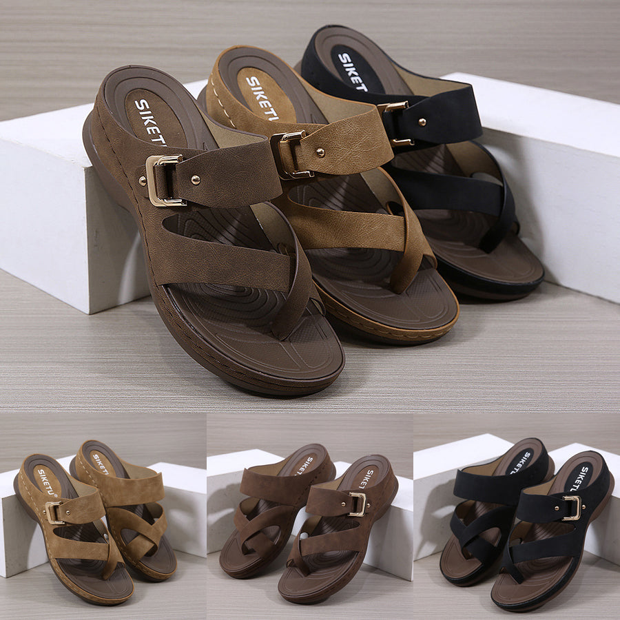 Sandalias Casual De Metal Con Cuña Y Costuras