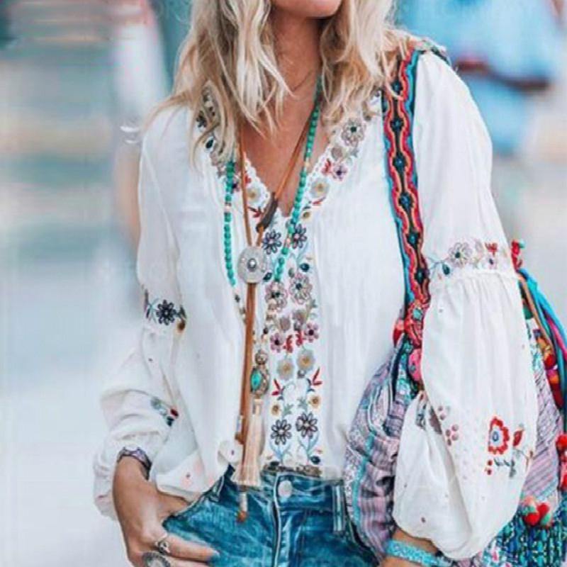 Camisa de estilo nacional con cuello en V, manga larga, top suelto de otoño. - MXbueno