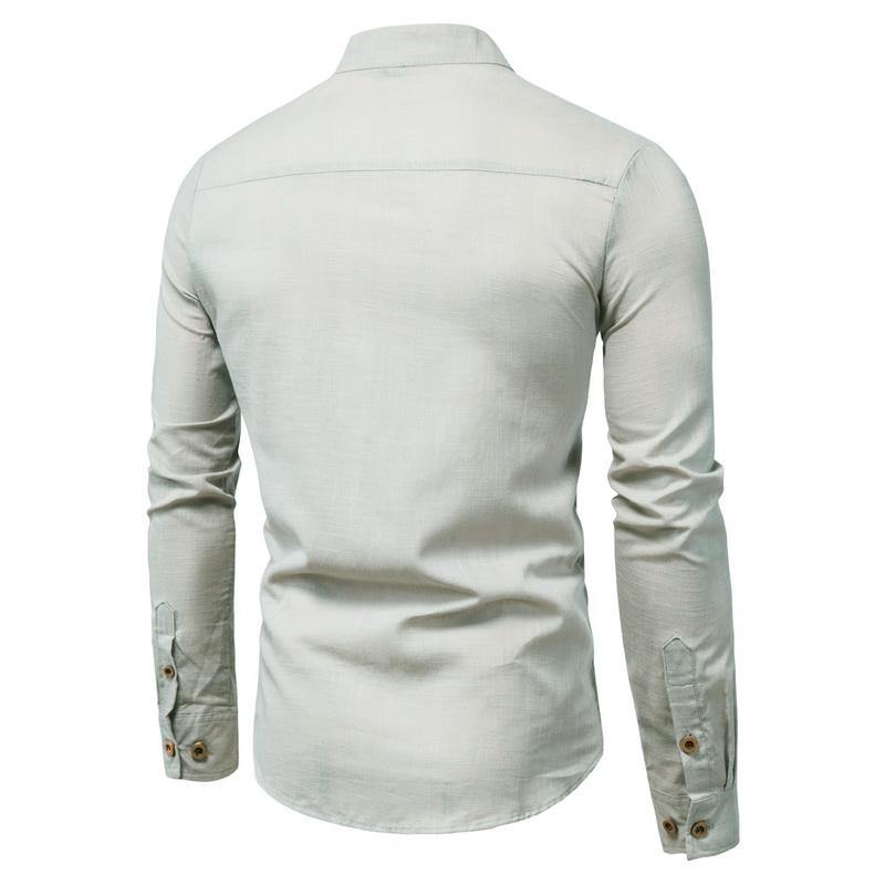 Camisa de manga larga de algodón y lino camisa de cuello alto de color liso - MXbueno