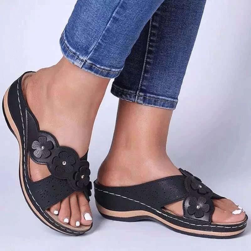 Sandalias de cuña de tobillo florales romanas de nueva moda 2021