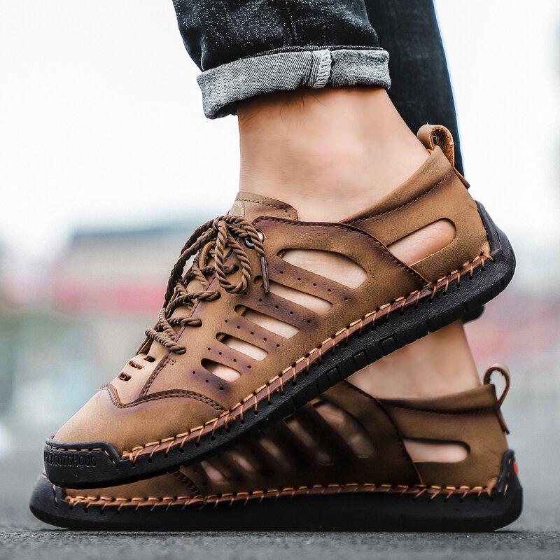 Hombres Punta cerrada Agujero de costura a mano Cuero Vestido Sandalias