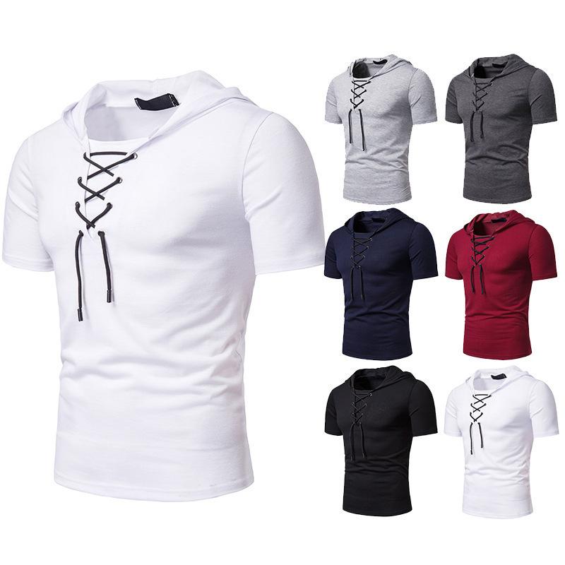 Camiseta de manga corta para hombre con capucha y correa suelta ropa de hombre