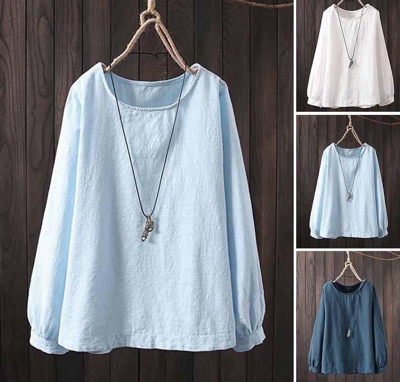 Camisa casual de manga larga cuello redondo top de algodón y lino
