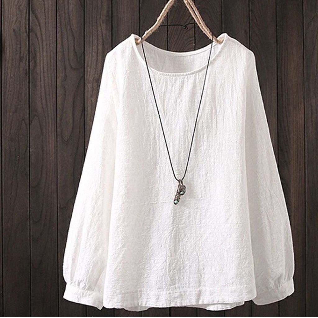 Camisa casual de manga larga cuello redondo top de algodón y lino