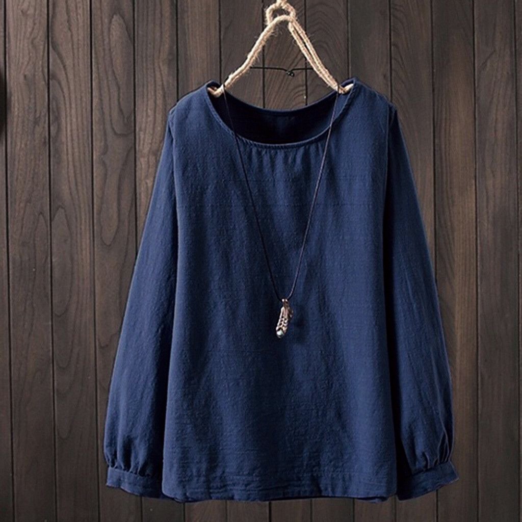 Camisa casual de manga larga cuello redondo top de algodón y lino
