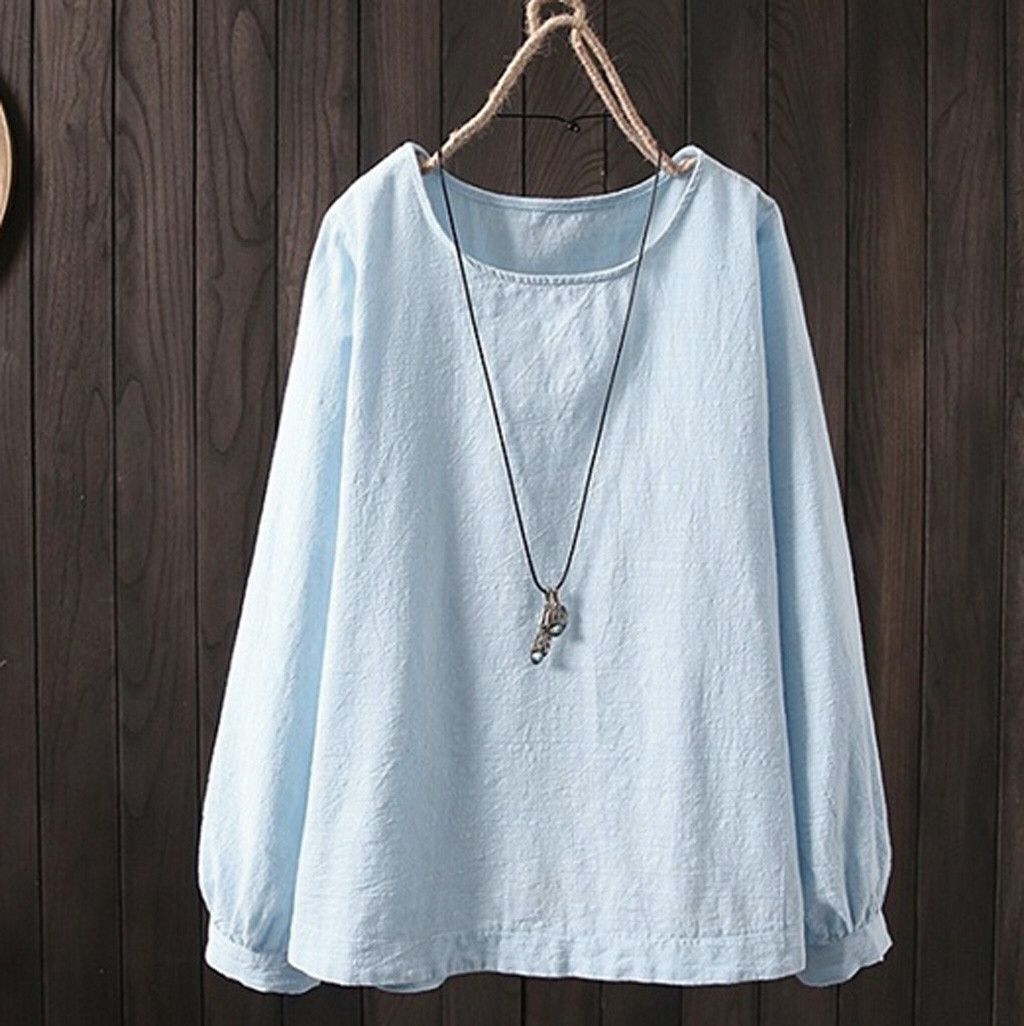 Camisa casual de manga larga cuello redondo top de algodón y lino