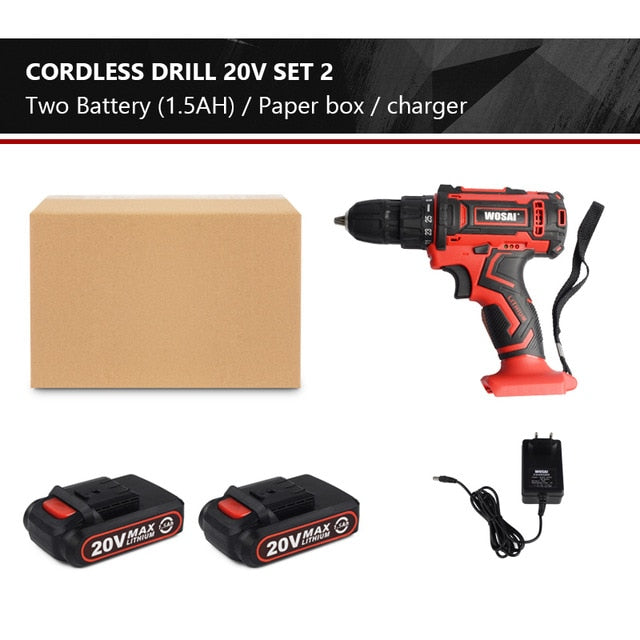 WOSAI New 20V Cordless Drill Electric Screwdriver Mini Wireless Power Driver DC Lithium-Ion Battery 3/8-Inch 2 Speed 4.8