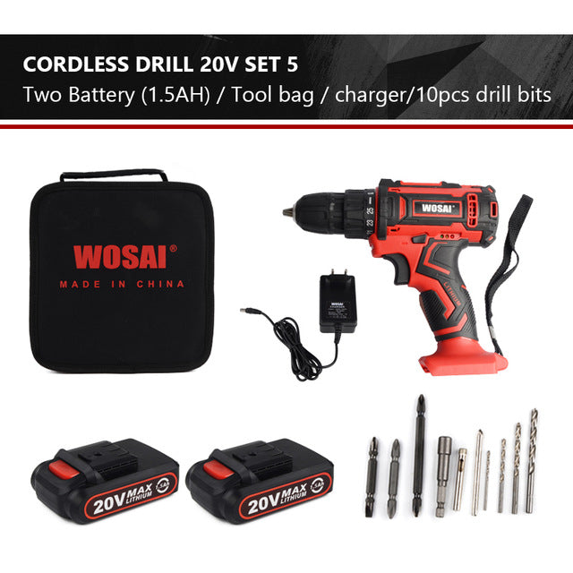 WOSAI New 20V Cordless Drill Electric Screwdriver Mini Wireless Power Driver DC Lithium-Ion Battery 3/8-Inch 2 Speed 4.8