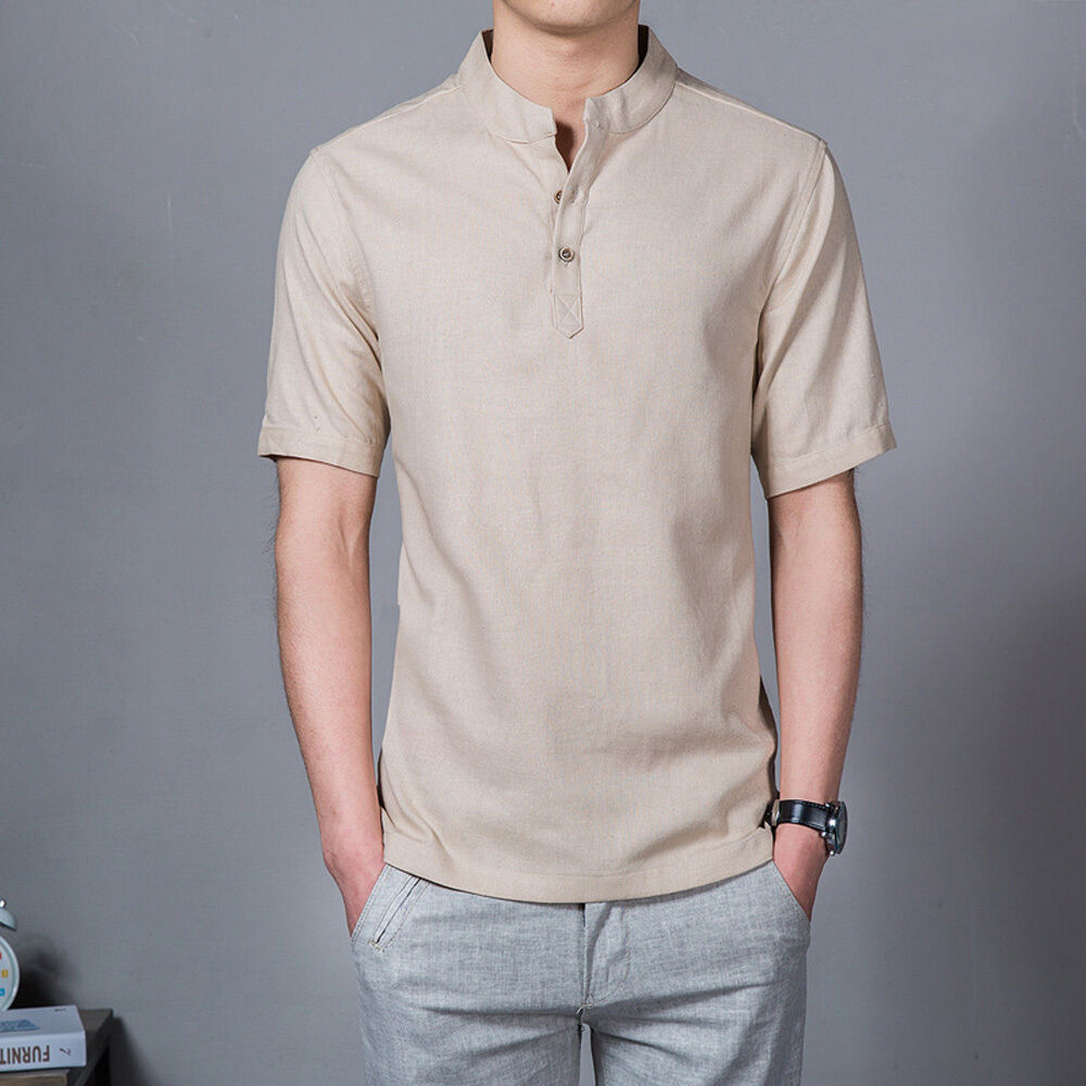 Camisa de lino con cuello de botones para hombre