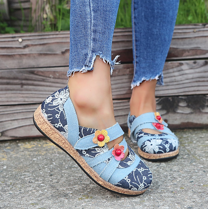 Nuevos Zapatos Planos De Lazo De Gancho De Costura De Banda Coloreada De Empalme De Cuero Genuino Floral Vintage