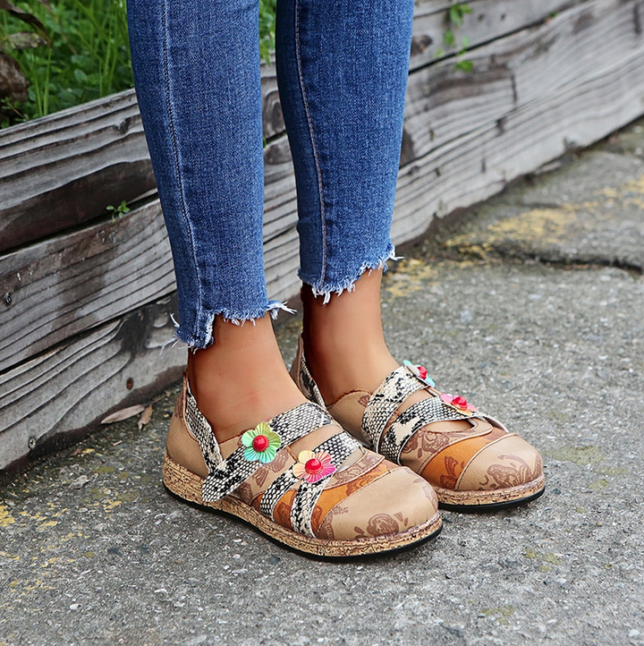 Nuevos Zapatos Planos De Lazo De Gancho De Costura De Banda Coloreada De Empalme De Cuero Genuino Floral Vintage