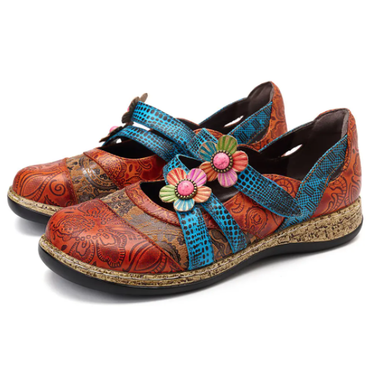 Nuevos Zapatos Planos De Lazo De Gancho De Costura De Banda Coloreada De Empalme De Cuero Genuino Floral Vintage
