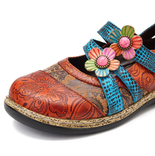 Nuevos Zapatos Planos De Lazo De Gancho De Costura De Banda Coloreada De Empalme De Cuero Genuino Floral Vintage